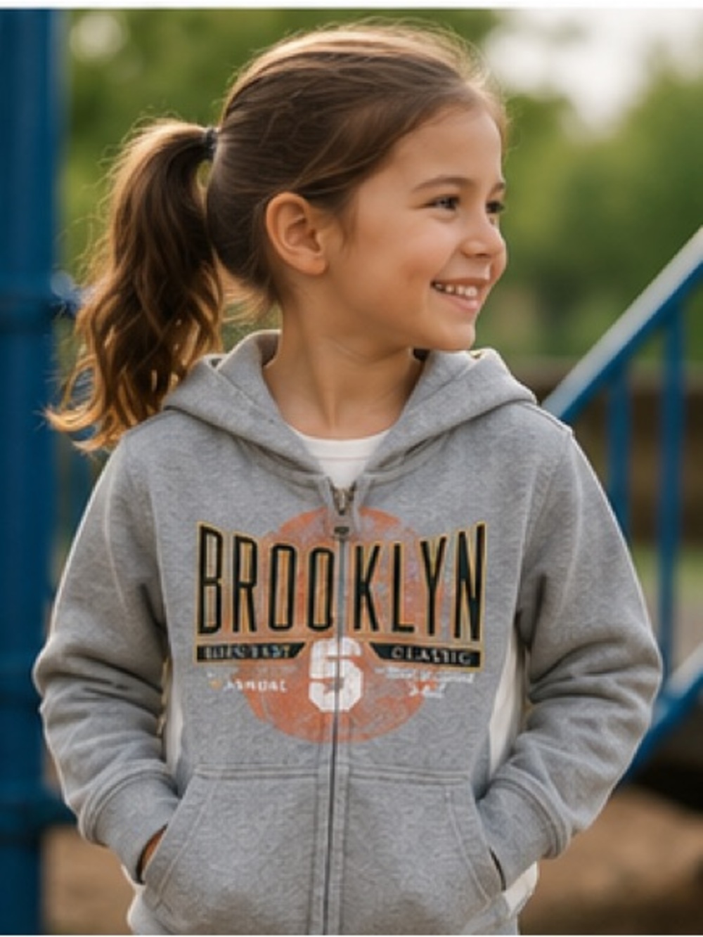 Old Navy Brooklyn Zip-Up Hoodie | Girls 5T | Grey Graphic Sweatshirt